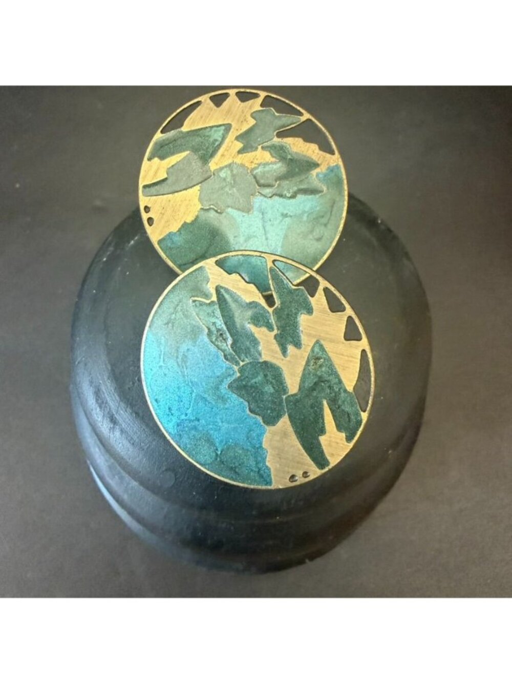 Berebi Round Earrings W/Champlevé Enamel Openwork Blue Green Landscape Organic